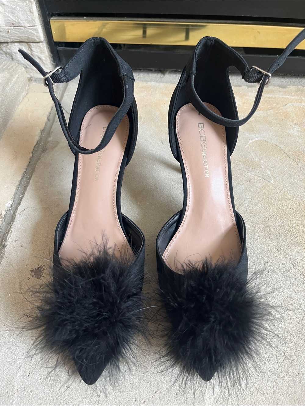 BCBGeneration Black Pointed-Toe Ankle-Strap Heels with Pom Pom - Picture 2 of 6